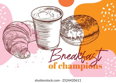 Playful and warm coffee menu design with croissant, doughnut, coffee. Vector hand drawn food assets on orange, white and pink background. Breakfast of champions. Outlines and fills are separate. 