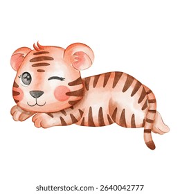 Playful Watercolor Cub Tiger, Winking, Relaxed Pose