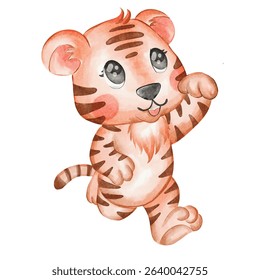 Playful Watercolor Tiger Cub Walking, Large Eyes, Cute Cartoon Style