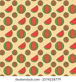 Playful Watermelon Pattern with Whole Melons and Slices on Light Background