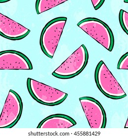 Playful watermelon slice illustration pattern on a light blue textured background, perfect for summer branding, packaging, and stationery. Use it for wallpapers, textiles, gift wrap, and cheerful seasonal projects.