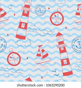 Playful wave pattern of ship, compass, lighthouse. A playful, modern, and flexible pattern for brand who has cute and fun style. Repeated pattern. Happy, bright, and nautical mood.
