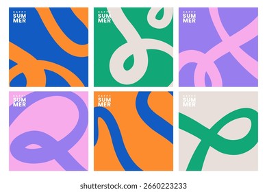 Playful wavy shape background bundle. colorful pastel summer wallpaper pack. Happy summer abstract wavy yellow with vibrant pastel background collection. Retro summer abstract background set.