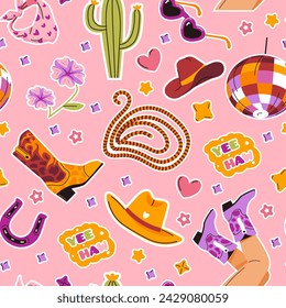 A playful western-themed seamless pattern with cowboy elements on a pink background, vector illustration in a vibrant style