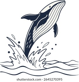 Uma baleia brincalhona quebrando a superfície com água preta silhueta ilustração