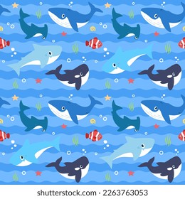 Playful Whale Shark and Ocean Fish Flat Designs Seamless Pattern Wallpaper