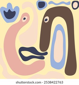 A playful and whimsical abstract composition featuring organic shapes with facial features. Perfect for adding a touch of whimsy to any design project