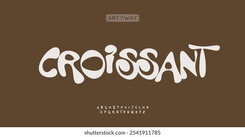 Alfabeto caprichoso brincalhão, letras inspiradas em croissant, fonte de diversão artística para café acolhedor ou logotipo de padaria, marca de sobremesa criativa. Tipografia arredondada Groovy com curvas de chocolate. Tipo de vetor