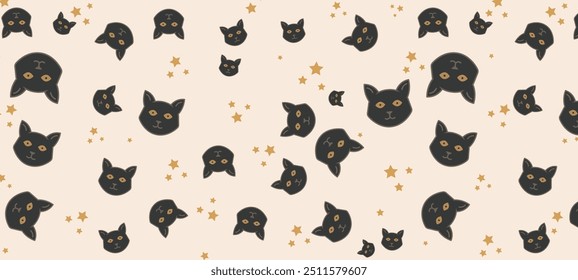 A playful and whimsical black cat pattern set against a soft, creamy beige background