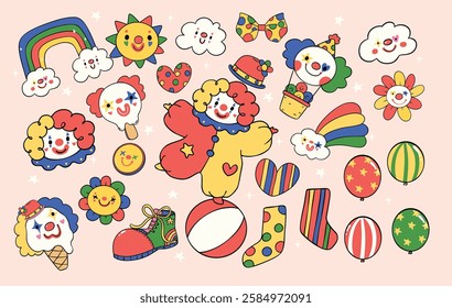 Playful and Whimsical Clown Elements Clowncore Cartoon with Hand Drawn Doodle Aesthetic Clipart Set