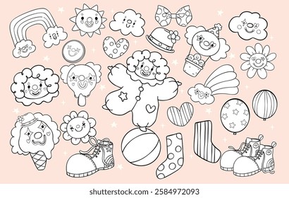 Playful and Whimsical Clown Elements Clowncore Cartoon Hand Drawn Doodle Black and White Coloring Image Clipart Set