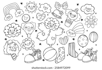 Playful and Whimsical Clown outline Clowncore Cartoon Hand Drawn Doodle Bold line Clipart Set