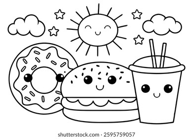 Playful and Whimsical Coloring Page of Cute Living Food Characters in a Cheerful Scene.