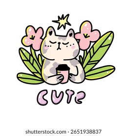 Playful and whimsical doodle featuring a pet cat enjoying coffee surrounded by floral elements. Fun and romantic sticker design with soft pastel colors.
