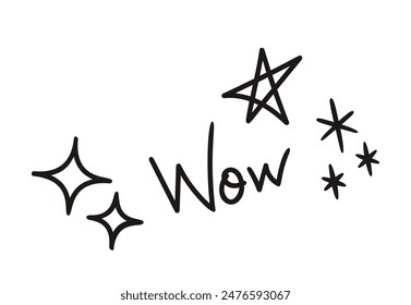 Playful And Whimsical Hand Drawn Doodle Set Featuring Stars And The Word Wow. Vector Black And White Illustration