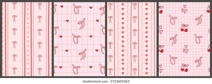 Planos de fundo divertidos de padrão de arco e coração com listras e texturas de grade. Romântico rosa retro inspirou projetos para o casamento dos namorados. Artigos de papelaria femininos modernos, embalagens e scrapbooking.