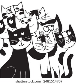 A playful and whimsical illustration of multiple cartoon cats in black and white, featuring varied expressions and simple designs.
