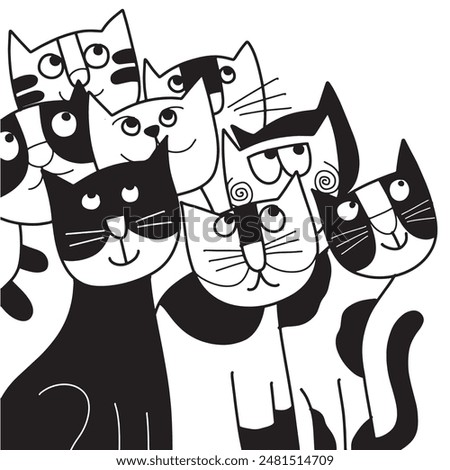 A playful and whimsical illustration of multiple cartoon cats in black and white, featuring varied expressions and simple designs.
