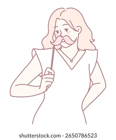 Uma ilustração lúdica e extravagante de uma mulher segurando humoristicamente um suporte de bigode em uma vara com alegria