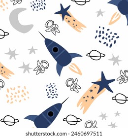 A playful and whimsical pattern featuring hand-drawn elements of space, including an astronaut, rocket, stars, and planets. Designed with a childlike charm in soft shades of white, blue, gray, and gen