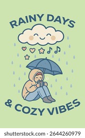 Playful and whimsical vector art of a rainy day with a happy cartoon cloud, multicolored raindrops, and a person enjoying the moment under an umbrella. Ideal for children's books, posters, stationery,