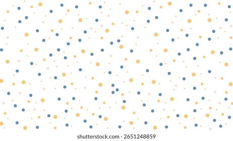 Ein verspielter weißer Hintergrund mit verstreuten blauen, gelben und subtilen rosa Punkten, ideal für fröhliche und festliche Designs.
