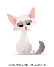 Playful white cartoon cat licking its paw with tongue out. Funny and expressive character with big ears and fluffy tail on a white background. Perfect for kids, pets, and cute-themed designs