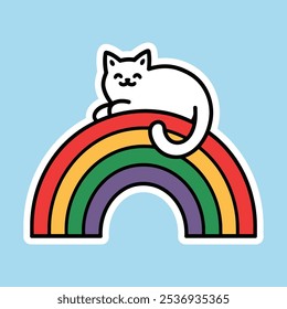 Playful white cat on a colorful rainbow illustration