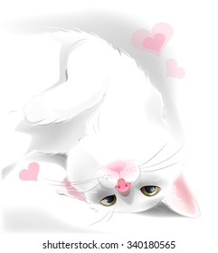 playful white cat for Valentine's day greeting card