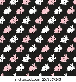 Playful White and Pink Bunnies Cute Easter Pattern. Perfect for holiday decorations, greeting cards, fabric prints, gift wraps, and creative Easter design projects.