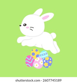 Playful White Rabbit Jumping Over Colorful Easter Eggs on Green Background Vector Illustration
