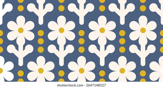 Playful white silhouette floral seamless pattern on dark blue background for textile, kids decor, wrapping, or wallpaper
