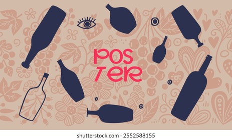 Playful wine poster with abstract bottle silhouettes and vibrant decorative patterns, perfect for retro-themed winery events, creative menus, and banners.