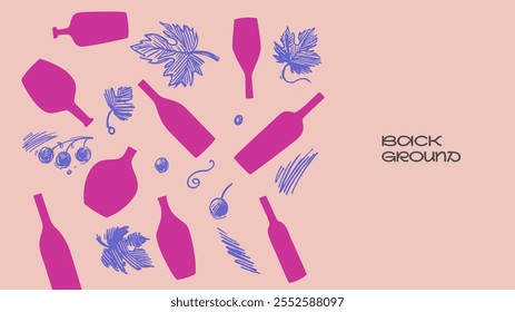 Playful wine-themed design featuring pink bottles, grape illustrations, and bold vector patterns on a soft background with minimalistic aesthetics.