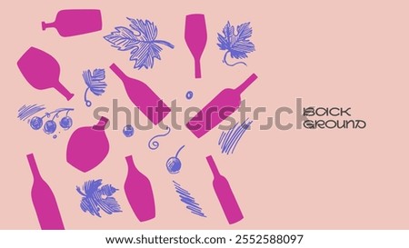 Playful wine-themed design featuring pink bottles, grape illustrations, and bold vector patterns on a soft background with minimalistic aesthetics.
