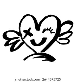 Playful Winged Heart Doodle. Funky Winking Heart Icon. Grunge Marker Pen Funny Heart Doodle. Scribble Hand Draw Marker Pen Love Symbol. Felt pen artistic heart sign.