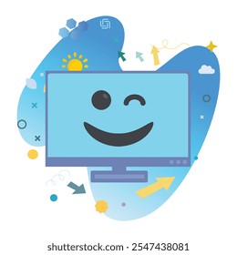 Playful Wink Computer Character on Computer Monitor Screen - Perfect Vector Illustration for Fun and Cheerful Designs | Playful Wink Icon Design on Computer Monitor Screen