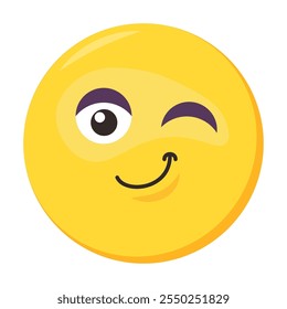 Playful wink emoji facial expression. Whimsical emoticon icon. Colorful vector smiley. Cute sticker, social media teasing mood character, emotion and romantic feeling chat element