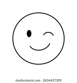Playful winking emoji face with a friendly smile, presented as a minimalist line icon on a transparent background, conveying lightheartedness and fun in a simple graphic style