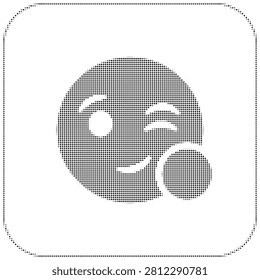 Playful winking face emoticon created with halftone dots pattern style digital art isolated on white background for creative design projects and web messaging.
