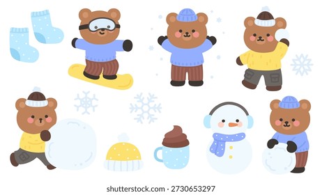 Spielerische Winter Bär Charaktere genießen Schnee Spaß und lässige kalte Wetter Aktivitäten Vektorgrafik
