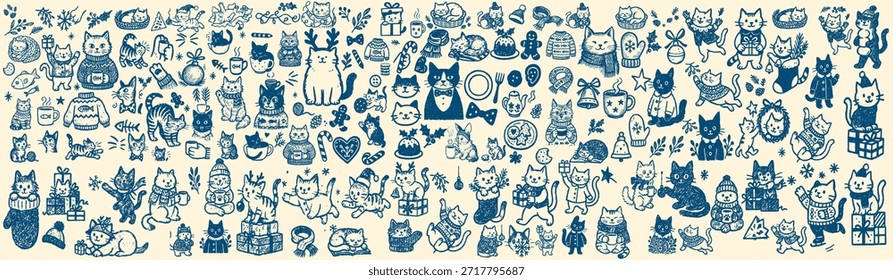 El patrón juguetón del doodle del gato del invierno exhibe los gatitos dibujados a mano numerosos con los regalos, las bufandas, las tazas y los ornamentos de las Navidades en un diseño Horizontal largo del Anuncio, ideal para el papel de envoltura festivo o los encabezados del Web, alegres