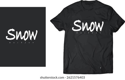 Playful winter-themed t-shirt design featuring the phrase "Snow Much Fun" in bold, icy lettering. The word "SNOW" is styled with rugged, frosty edges to evoke a cold, wintry feel, set against a deep b