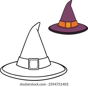 A playful witch's hat with a pointed tip and wide brim, adorned with a buckle, perfect for coloring fun with spooky, whimsical details.