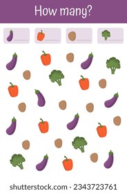 Playful worksheets for kids, mathematical games. Colorful educational materials to practice addition, subtraction, logic. Suitable for preschools, kindergartens. Vegetables and fruits mathematic list.