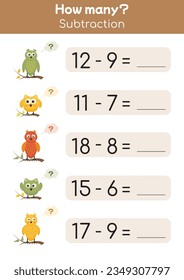Playful worksheets for kids, mathematical games. Colorful educational materials to practice subtraction, logic. Suitable for preschools, kindergartens. How many game.