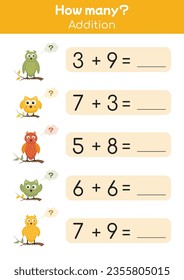 Spielerische Arbeitsblätter für Kinder, mathematische Spiele. Farbige pädagogische Mathematik druckbar, um Addition, Subtraktion zu praktizieren. Geeignet für Vorschulen, Kindergärten, Hausunterricht. Wie viele, das Zählen des Spiels. 