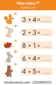 Playful worksheets for kids, mathematical games. Colorful educational materials to practice subtraction, logic. Suitable for preschools, kindergartens. How many math game.