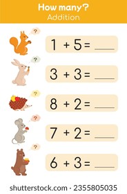 Playful worksheets for kids, mathematical games. Colorful educational math printable to practice addition, subtraction. Suitable for preschools, kindergartens, homeschooling. How many, counting game. 