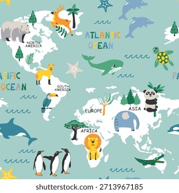 Patrón sin fisuras de animales de mapa mundial juguetón